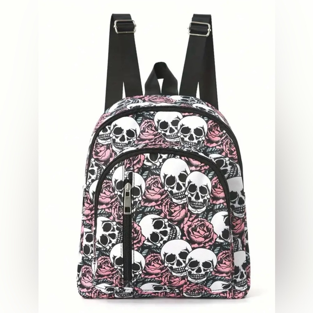 *NEW* Fashionable Skull & Rose Print Three Zipper
Skelton Pattern Mini Backpack